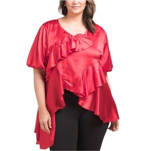 Us Together Satin Balloon Sleeve Asymmetrical Ruffled Blouse